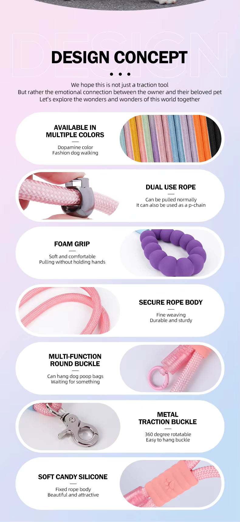 Multi-functional pink dog training leash with poop bag attachment, foam grip, and metal traction buckle
