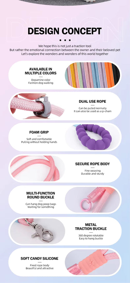Multi-functional pink dog training leash with poop bag attachment, foam grip, and metal traction buckle