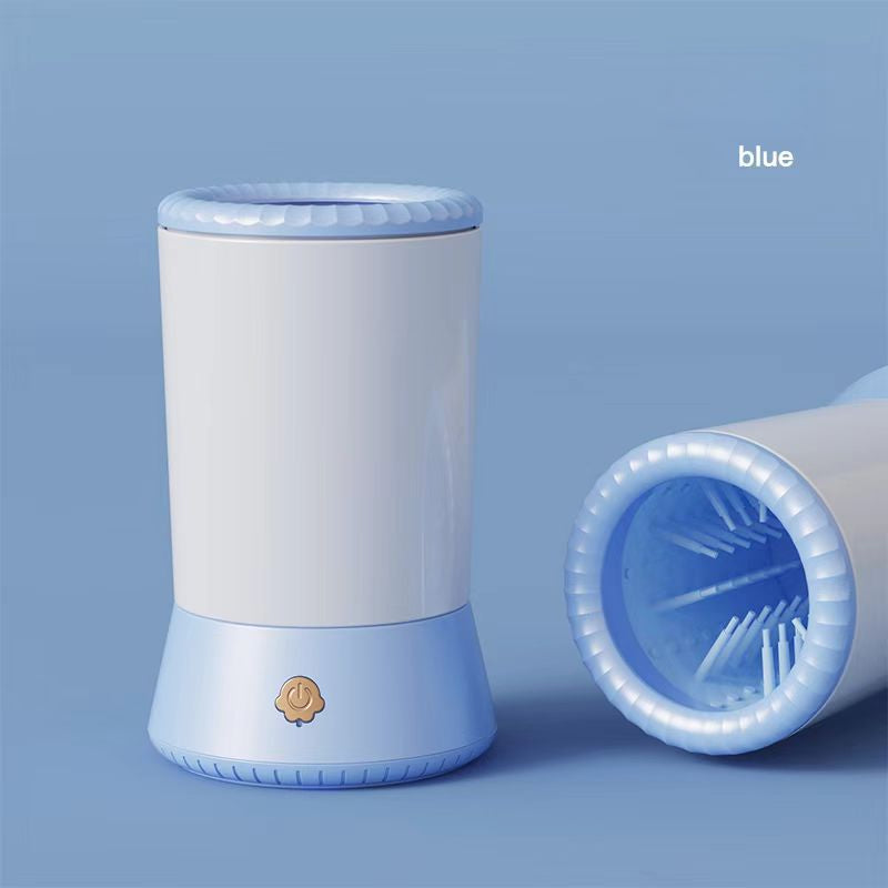 Rechargeable pet foot washing cup in white and blue, suitable for paw cleaning, with a gold button for automatic cleaning operation