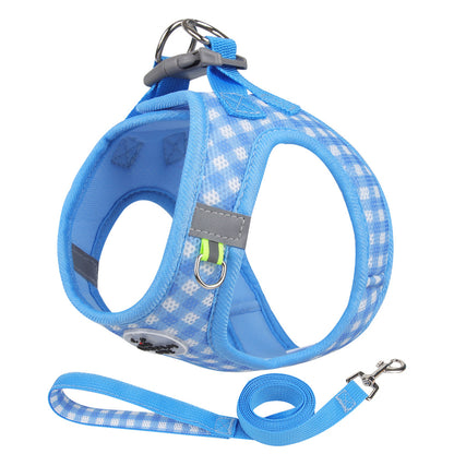 washable blue plaid dog harness and leash  