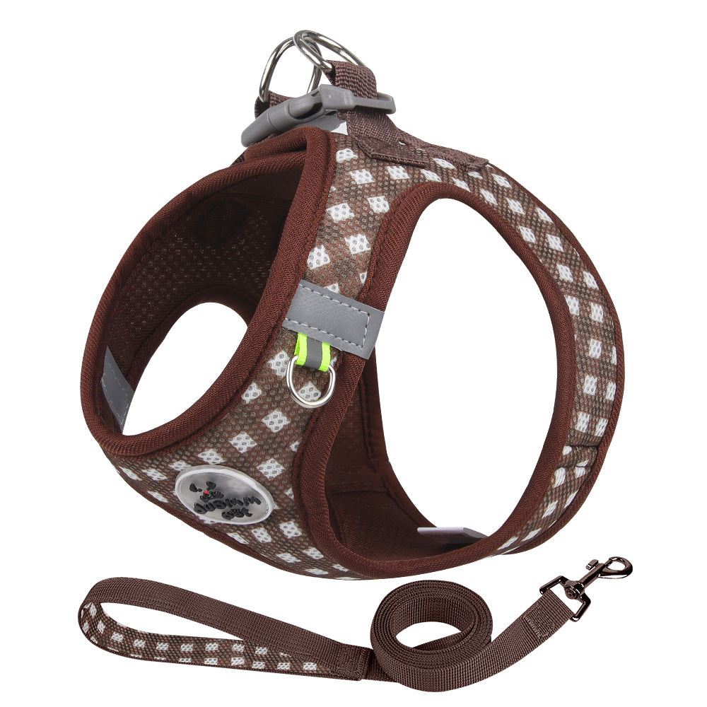 reflective brown plaid dog harness and leash  