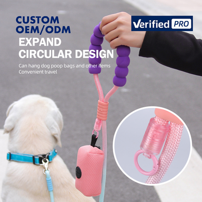Multi-functional dog walking leash in pink with expandable poop bag holder and street setting in the background