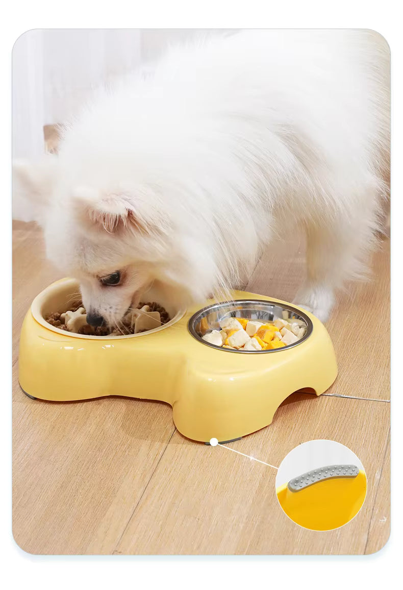 2 in 1 Double Pet Food Bowl Stainless Steel Slow Feeder Dog Bowl
