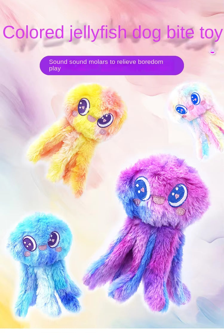 Pet Teething Chew Toy Interactive Plush Colorful Jellyfish Squeaky Dog Toy