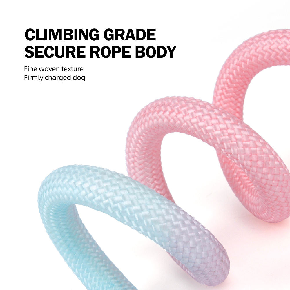 Multi-Functional Dog Training Walking Leash with Poop Bag, showcasing its climbing grade secure rope body in pink, blue and white colors.