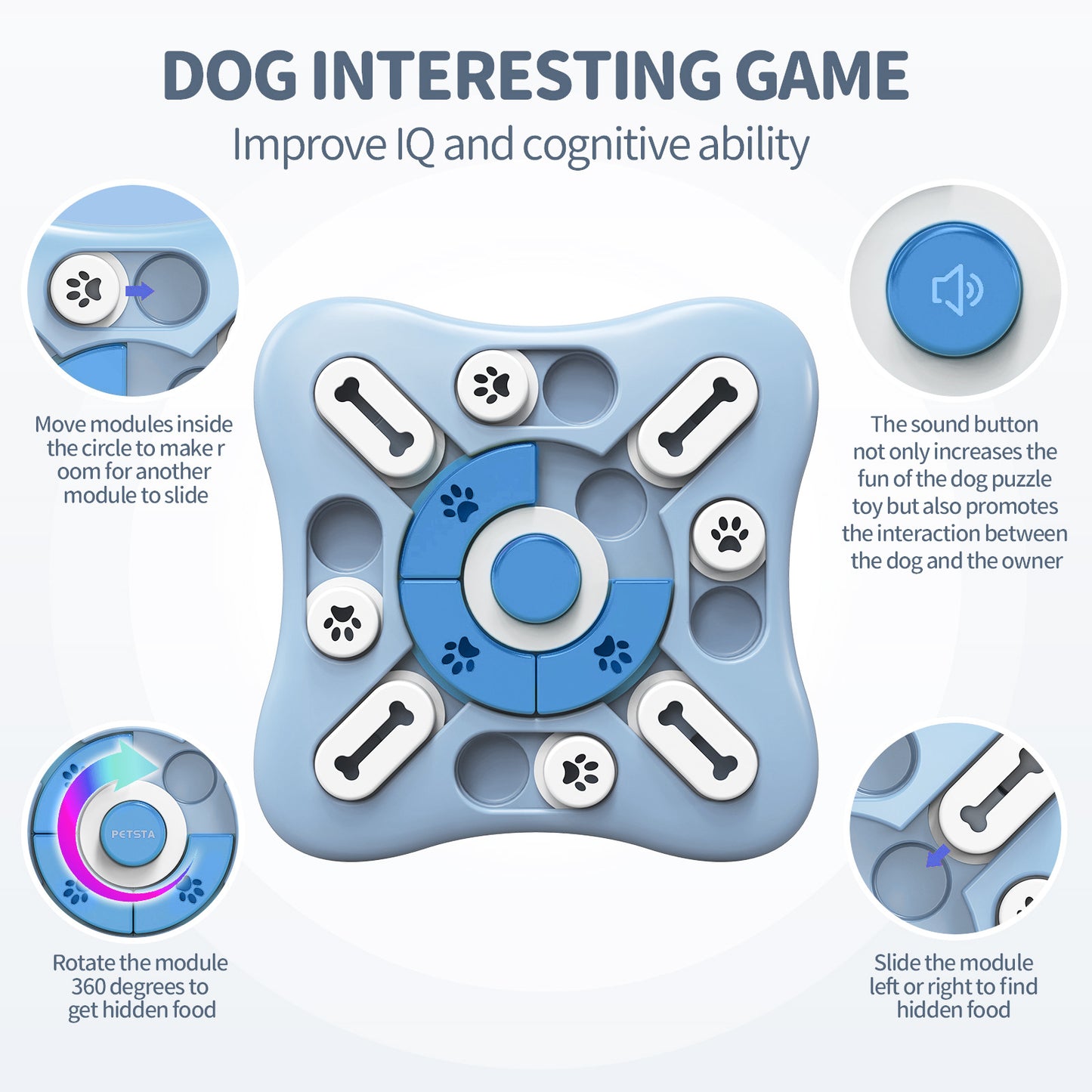 Durable Slow Feeder Bowl Dog Toy in blue and white with paw print design, 360-degree rotation feature, and hidden food compartments for interactive eating training and mental stimulation.
