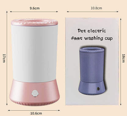 Rechargeable pet foot washing cup in pink and white, suitable for various pet sizes, featuring soft silicone brush for gentle paw cleaning.