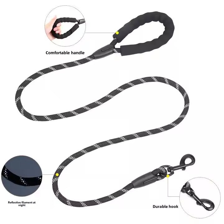 Strong Dog Leash with Comfortable Padded Handle and Highly Reflective Threads