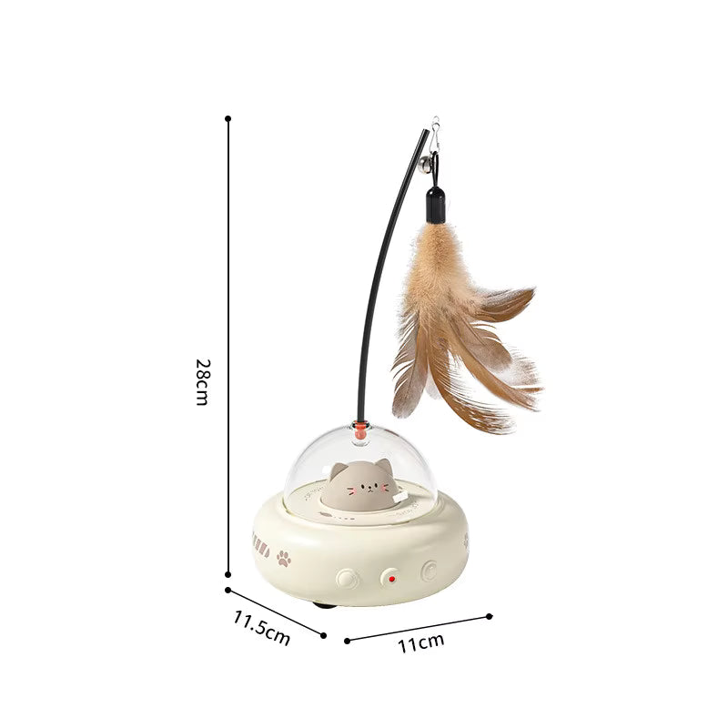 Rechargeable 2-in-1 UFO laser cat toy with smart sensor and interactive feather attachment on a white background
