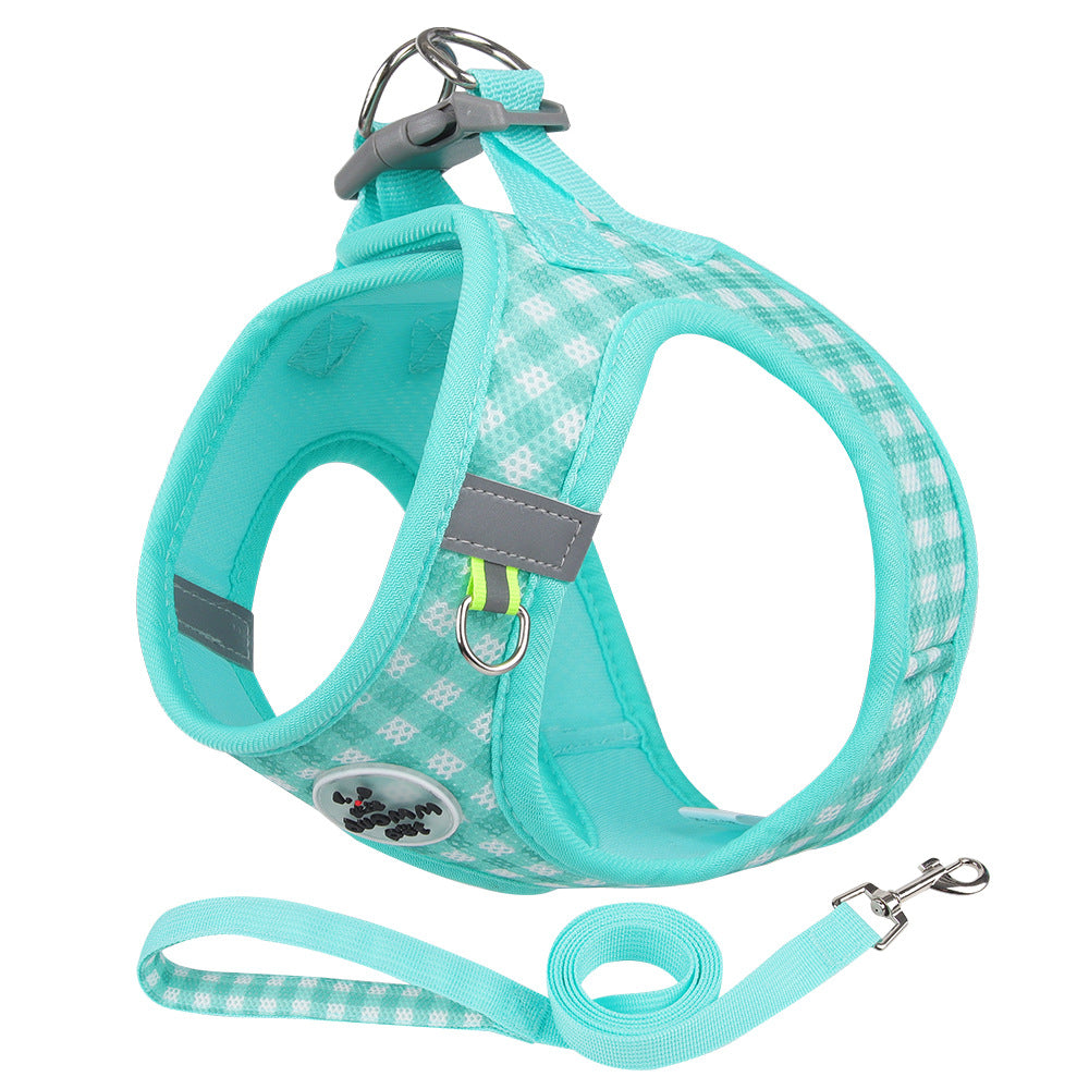 reflective green plaid dog harness and leash