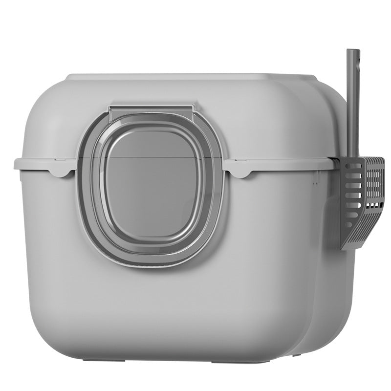 grey full closed cat litter box with scoop