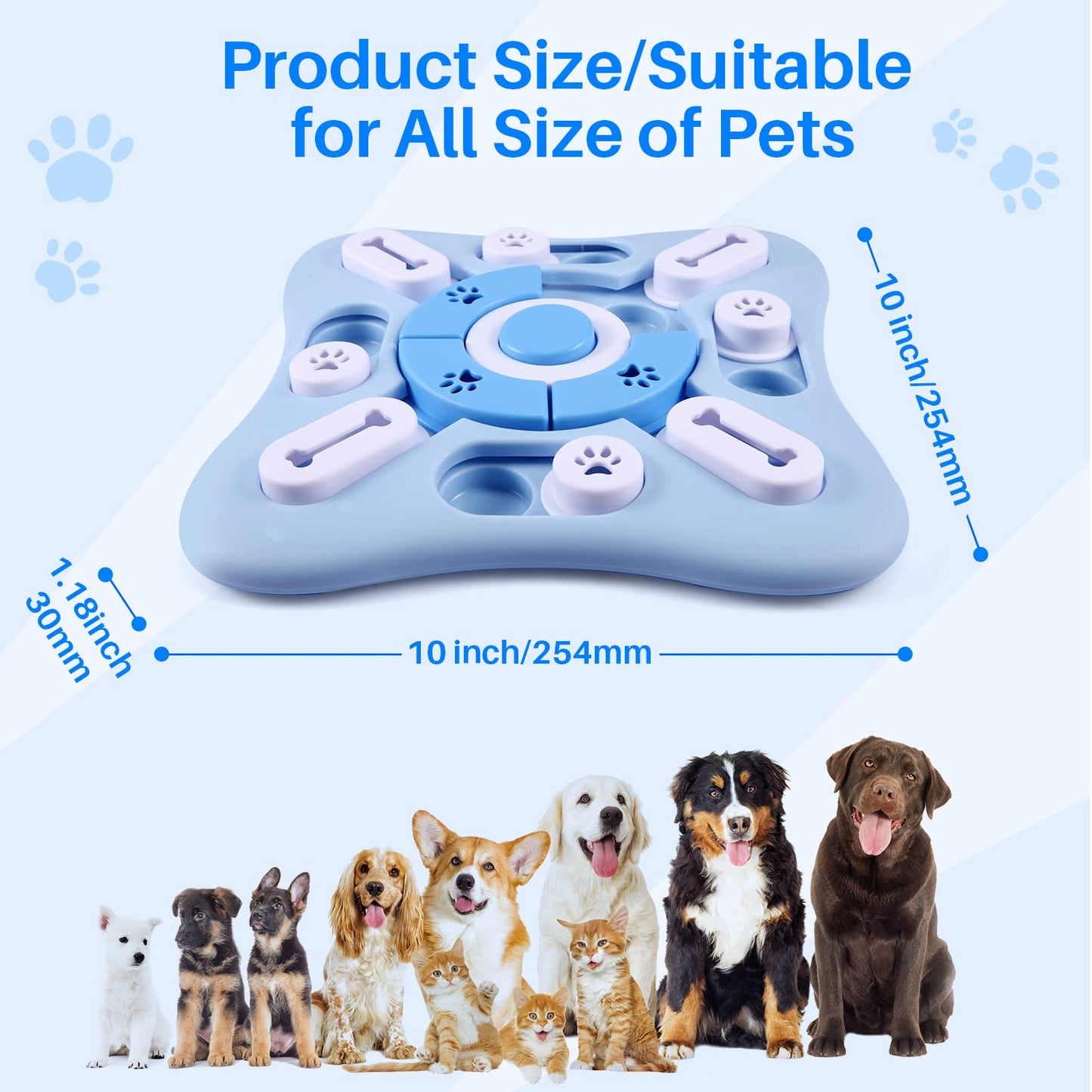 Durable Slow Feeder Bowl Dog Toy in blue and white, designed for slow feeding and mental stimulation, shown alongside different breeds of dogs.