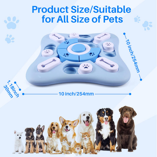 Durable Slow Feeder Bowl Dog Toy in blue and white, designed for slow feeding and mental stimulation, shown alongside different breeds of dogs.
