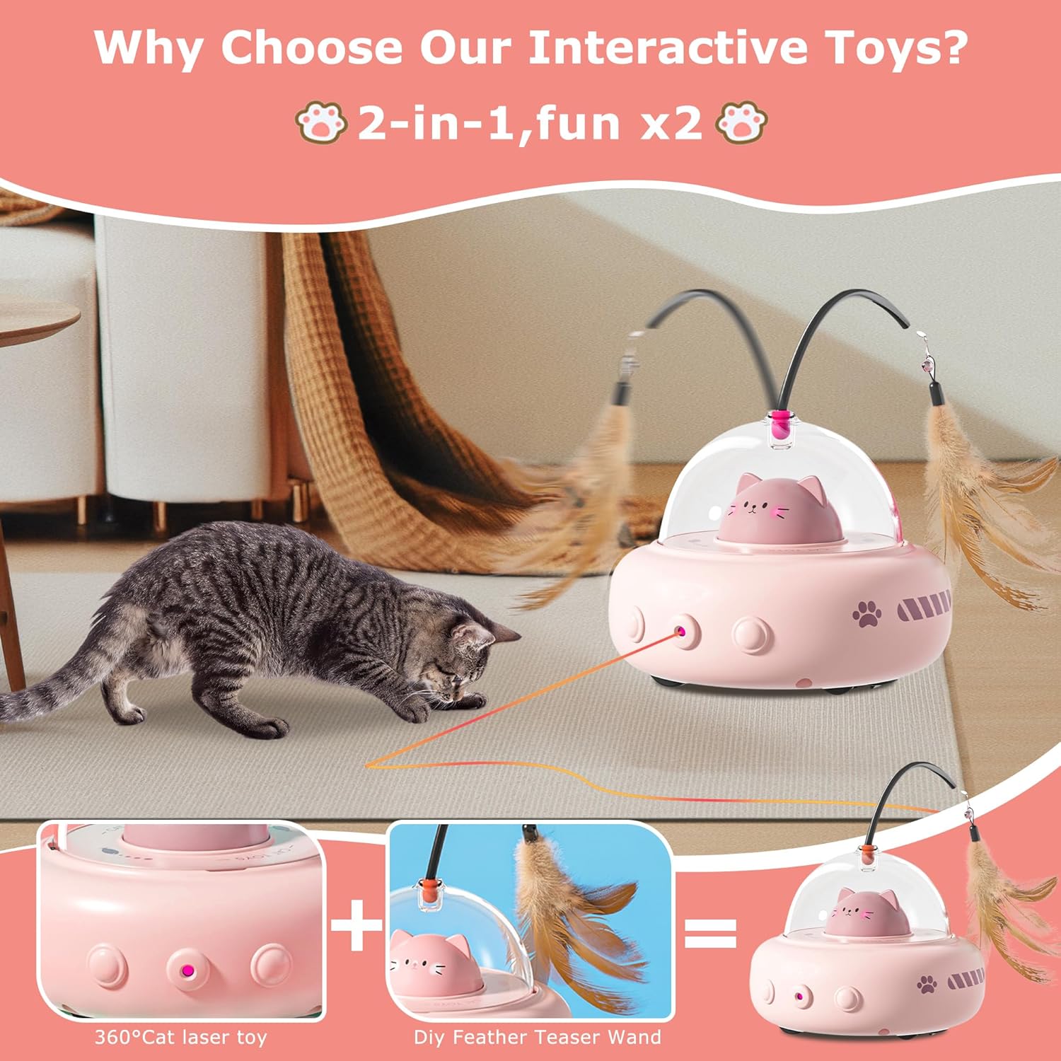 2-in-1 UFO Laser Cat Toy with smart sensor and rechargeable feature placed on a white rug