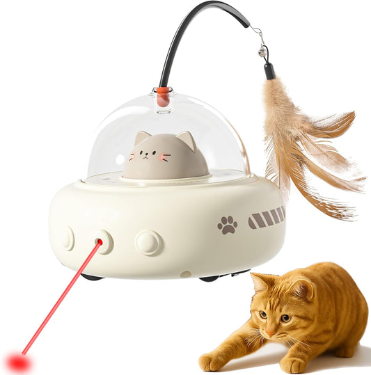 Rechargeable 2-in-1 UFO Laser Cat Toy with smart sensor, featuring a red laser and white dome cover