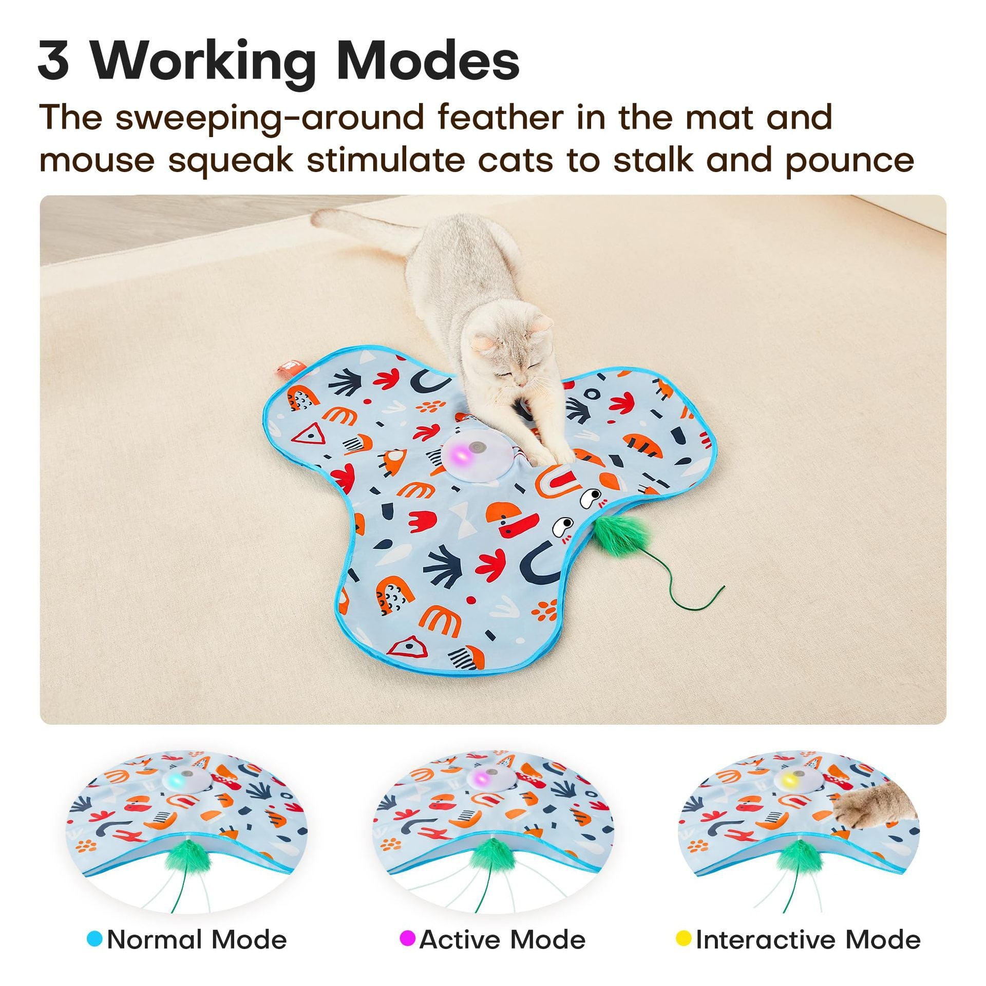 Interactive rechargeable cat toy with feathers and squeaky mouse sounds, shown with a white cat playing on a beige carpet.