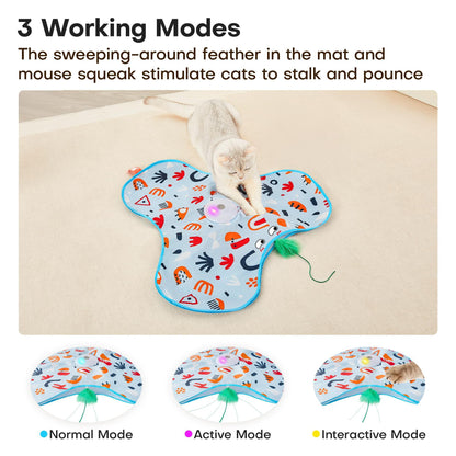 Interactive rechargeable cat toy with feathers and squeaky mouse sounds, shown with a white cat playing on a beige carpet.