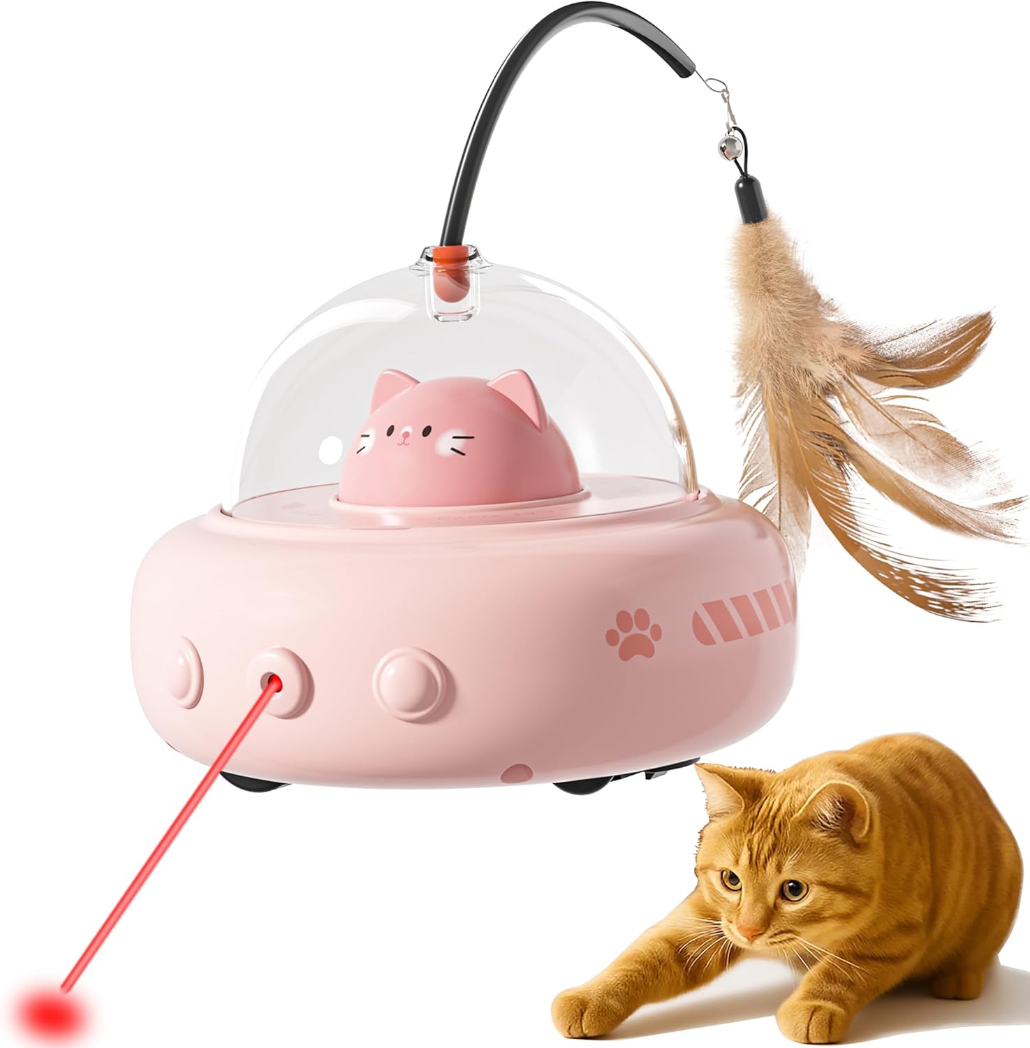 2-in-1 UFO Laser Cat Toy with rechargeable smart sensor, feather attachment, and cat figure, interacting with an orange cat