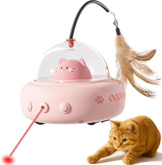 2-in-1 UFO Laser Cat Toy with rechargeable smart sensor, feather attachment, and cat figure, interacting with an orange cat