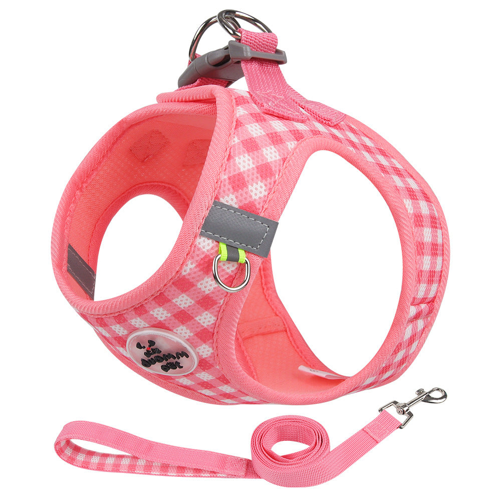 reflective pink plaid dog harness and leash