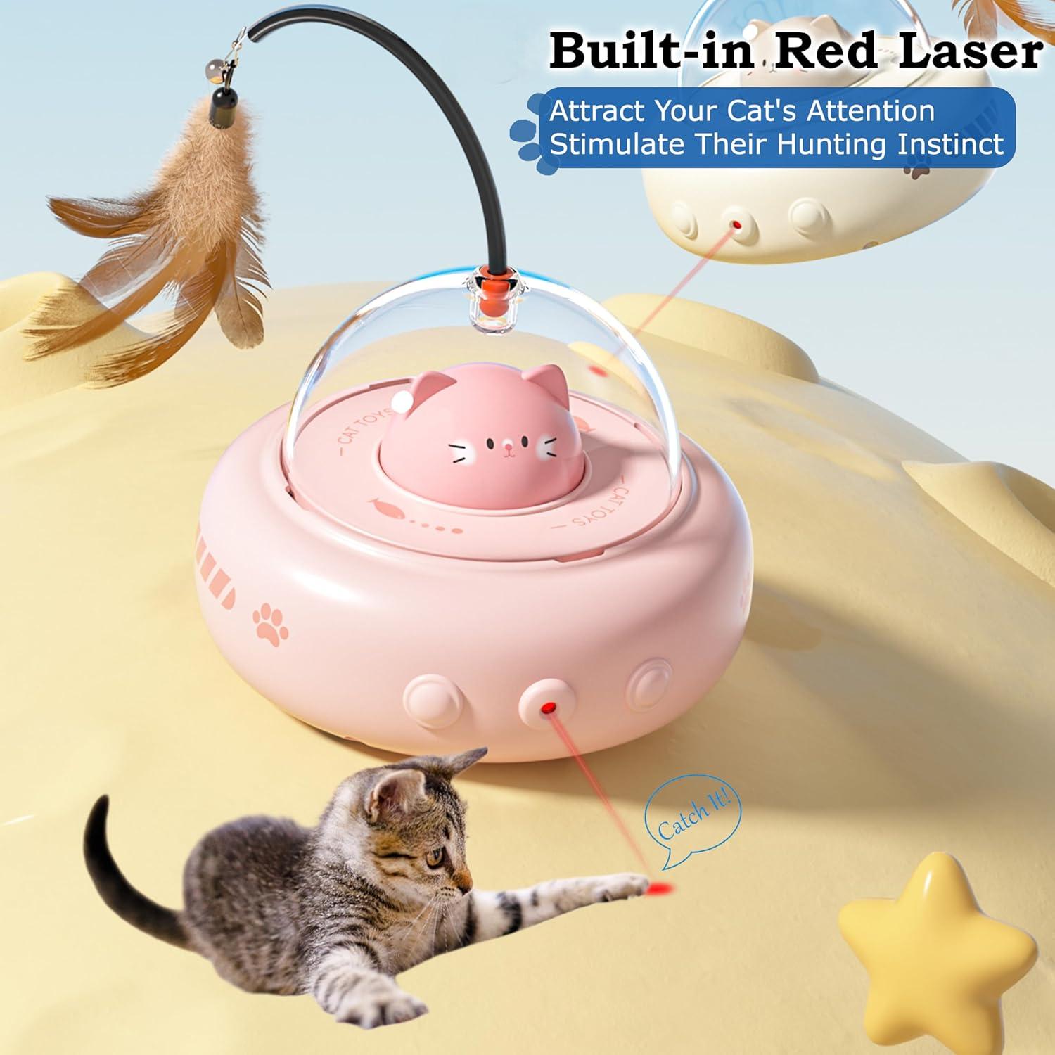 Rechargeable 2-in-1 UFO Laser Cat Toy with Smart Sensor and red laser pointer on a yellow surface