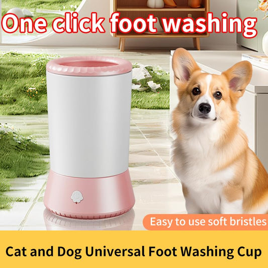 Rechargeable pet foot washing cup in pink and white on kitchen counter, with a corgi dog nearby. Features include automatic cleaning, soft silicone bristles, and easy use.