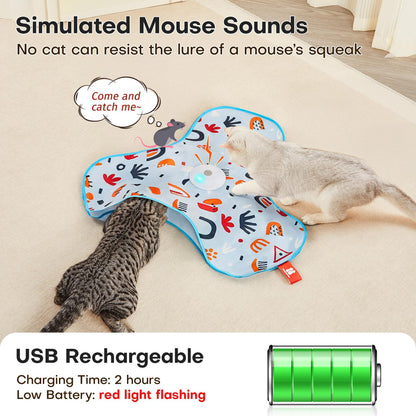 Interactive rechargeable cat toy with moving feathers and mouse squeaky sounds placed on a patterned blanket