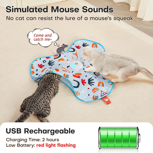 Interactive rechargeable cat toy with moving feathers and mouse squeaky sounds placed on a patterned blanket