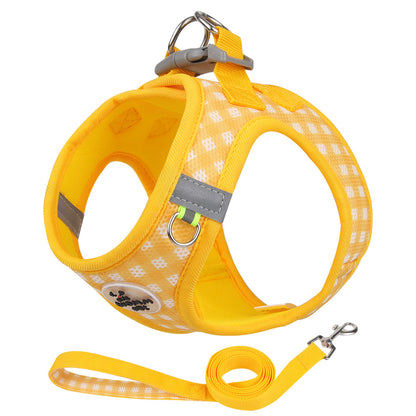 Breathable yellow plaid dog harness and leash